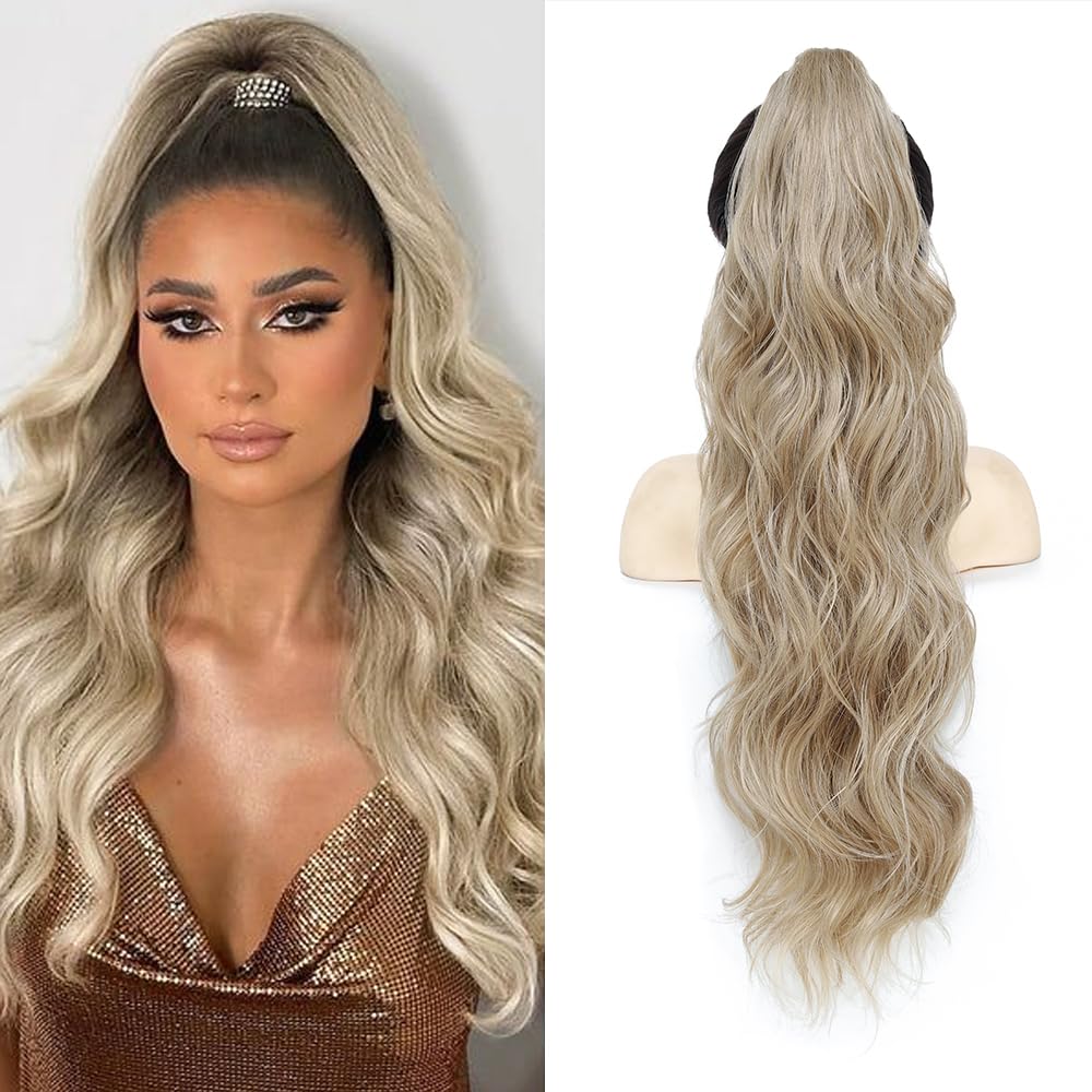 Long Wavy Ponytail Extension, 26" Claw Clip Ponytail Extension for Women Long Wavy Pony Tails Hair Extensions Synthetic Clip in Ponytail for Daily Use