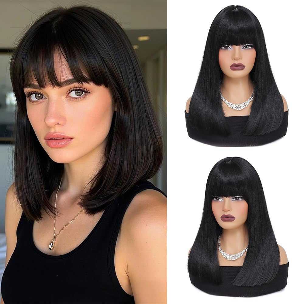 XCHJH Bob Wig with Bangs Short Straight Wigs for Women Shoulder Length Bob Wigs Heat Resistant Fiber Synthetic Hair Natural Looking Hair Replacement Wigs