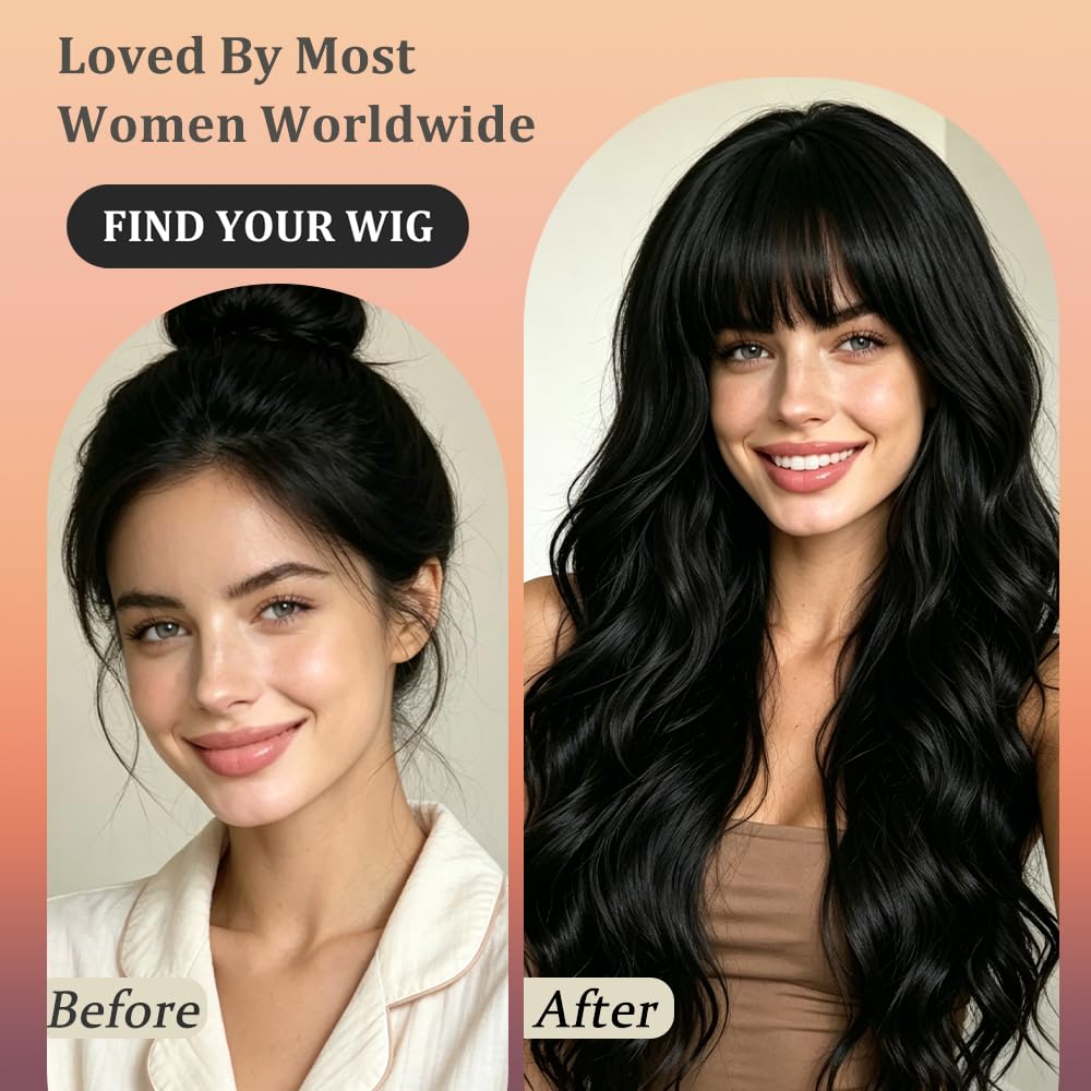 Short Wavy Wig with Bangs for Women Curly Wavy Wig Synthetic Hair Replacement Wigs for Daily Use