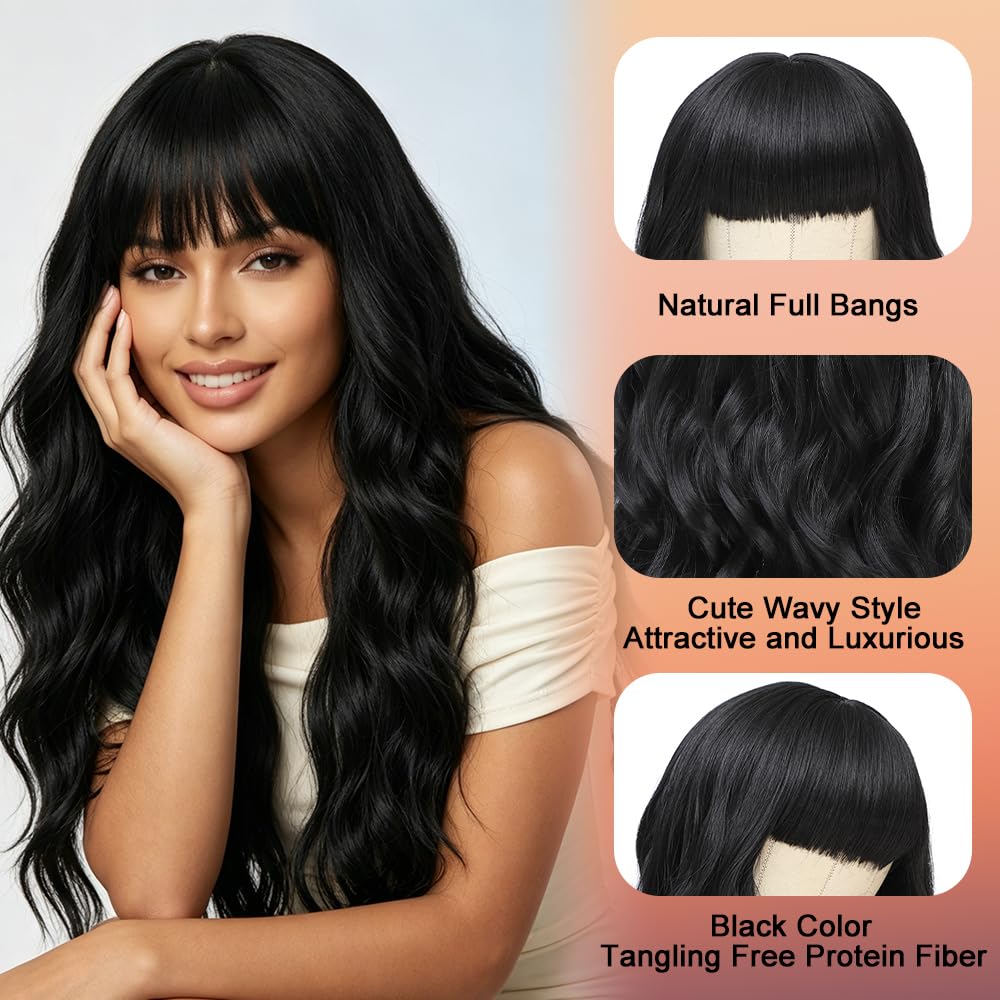 Short Wavy Wig with Bangs for Women Curly Wavy Wig Synthetic Hair Replacement Wigs for Daily Use