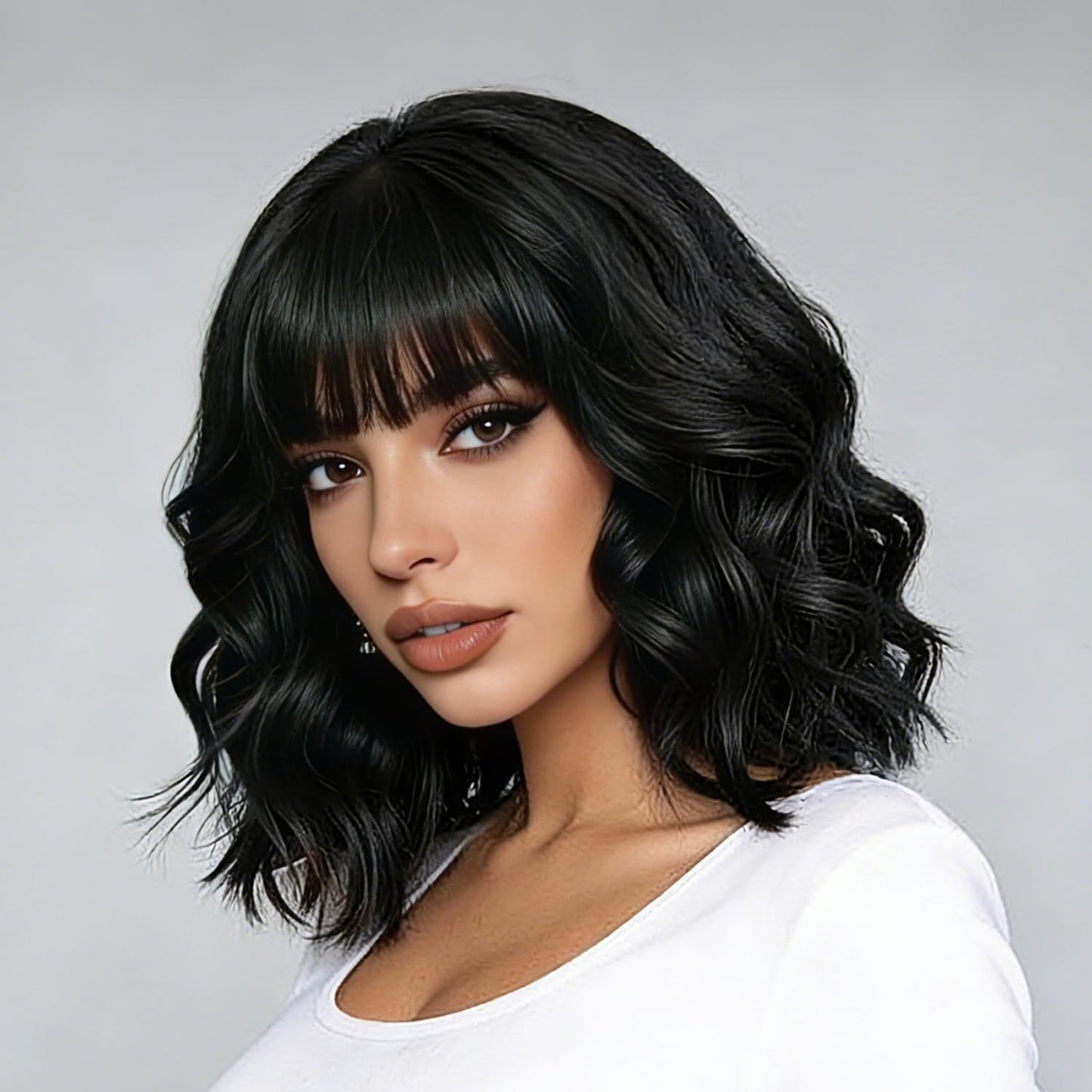 Black Wavy Wigs with Bangs Soft Short Bob Wigs for Women Synthetic Shoulder Length Women's Curly Wigs for Halloween Costumes Cosplay Daily