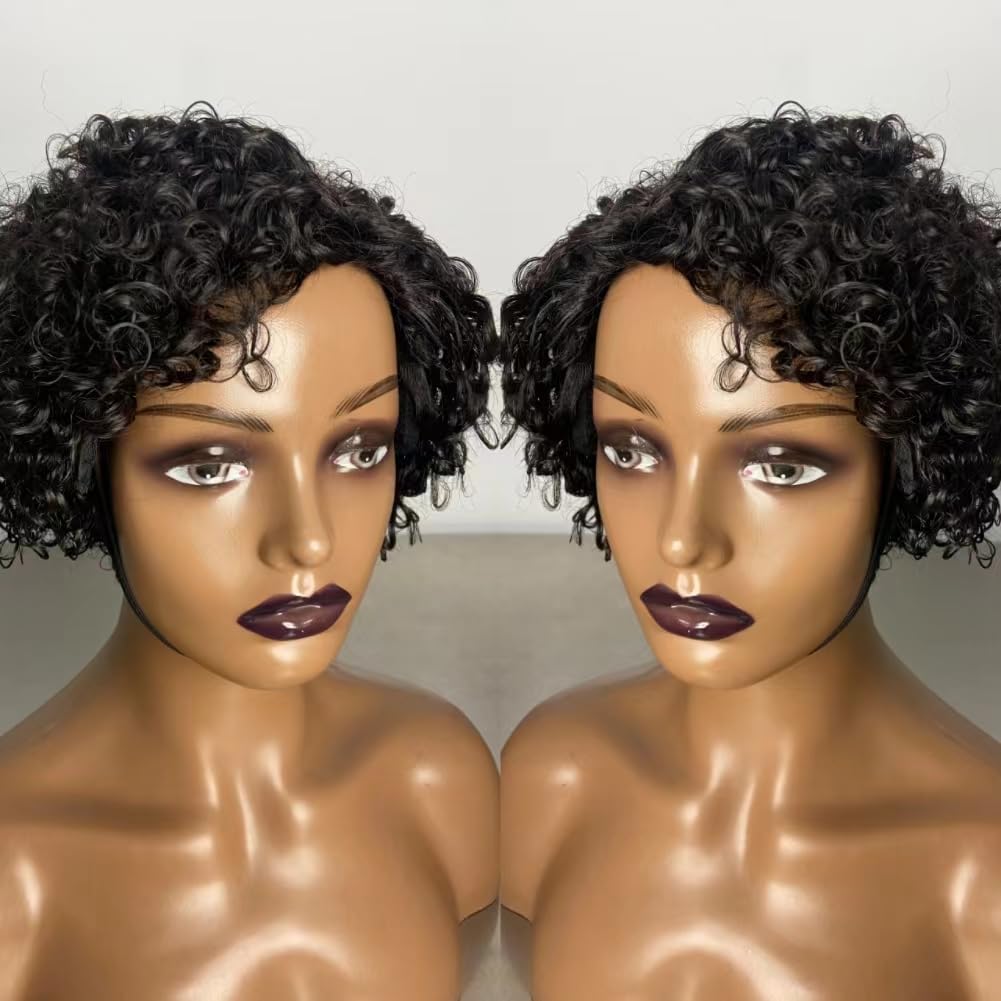 Short Curly Human Hair Wigs for Black Women, Side Part Wig, Pixie Cut Brazilian Remy Human Hair, Deep Curly None Lace Front Ombre Blonde Wigs