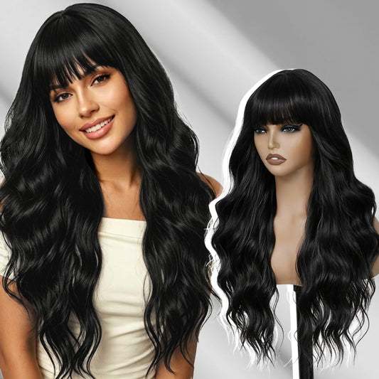 Short Wavy Wig with Bangs for Women Curly Wavy Wig Synthetic Hair Replacement Wigs for Daily Use