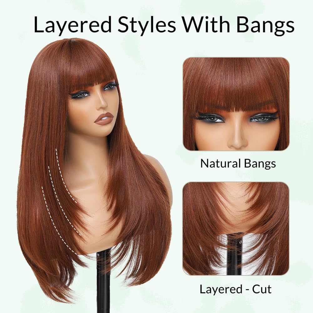 YKHJH Long Straight Wigs for Women,28 inch Glueless Synthetic Wig with Bangs,Layered Synthetic Womens Wigs for Daily Party Cosplay (Brown)