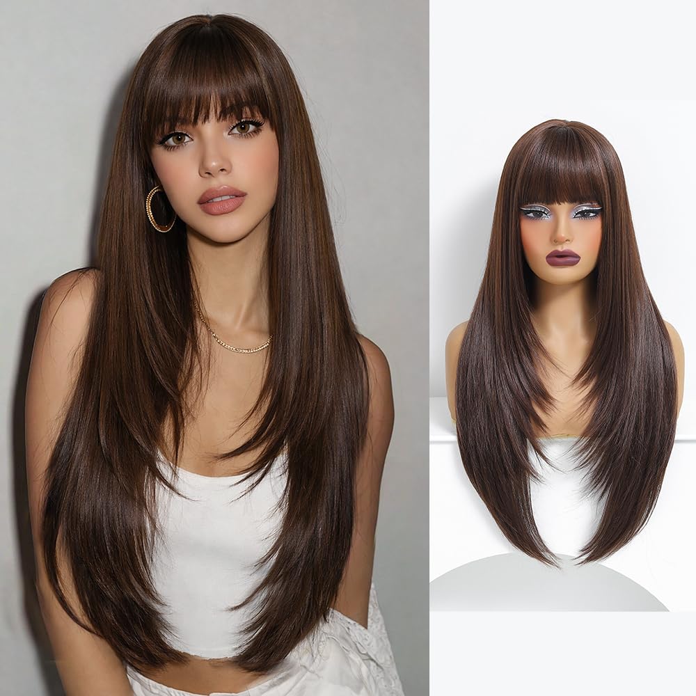 YKHJH Long Straight Wigs for Women,28 inch Glueless Synthetic Wig with Bangs,Layered Synthetic Womens Wigs for Daily Party Cosplay (Brown)