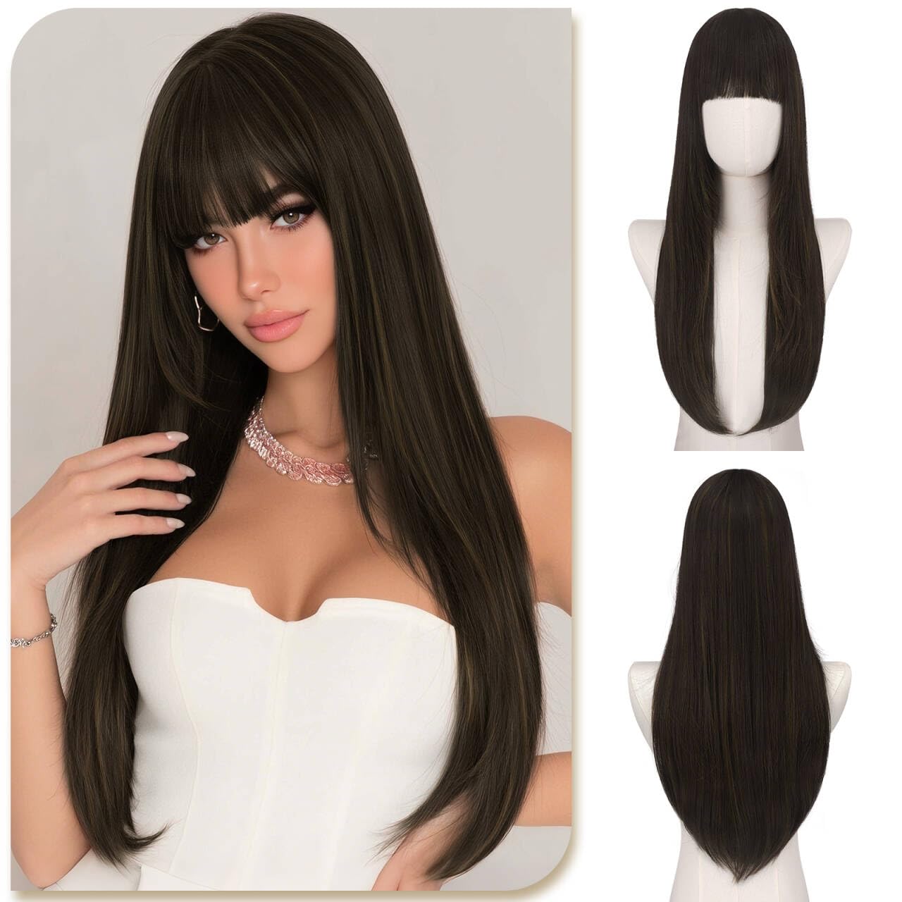Wig with Bangs, 24 Inch Long Straight Wigs for Women, Heat-Resistant Synthetic Fibre Wigs for Daily Commuting Dates Holidays Cosplay