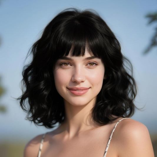 12inch Natural Wave Wavy Bob Wigs with Bangs Black Blue Light Blue Brown Pink Wigs