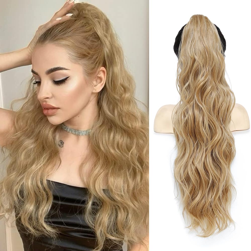 Long Wavy Ponytail Extension, 26" Claw Clip Ponytail Extension for Women Long Wavy Pony Tails Hair Extensions Synthetic Clip in Ponytail for Daily Use