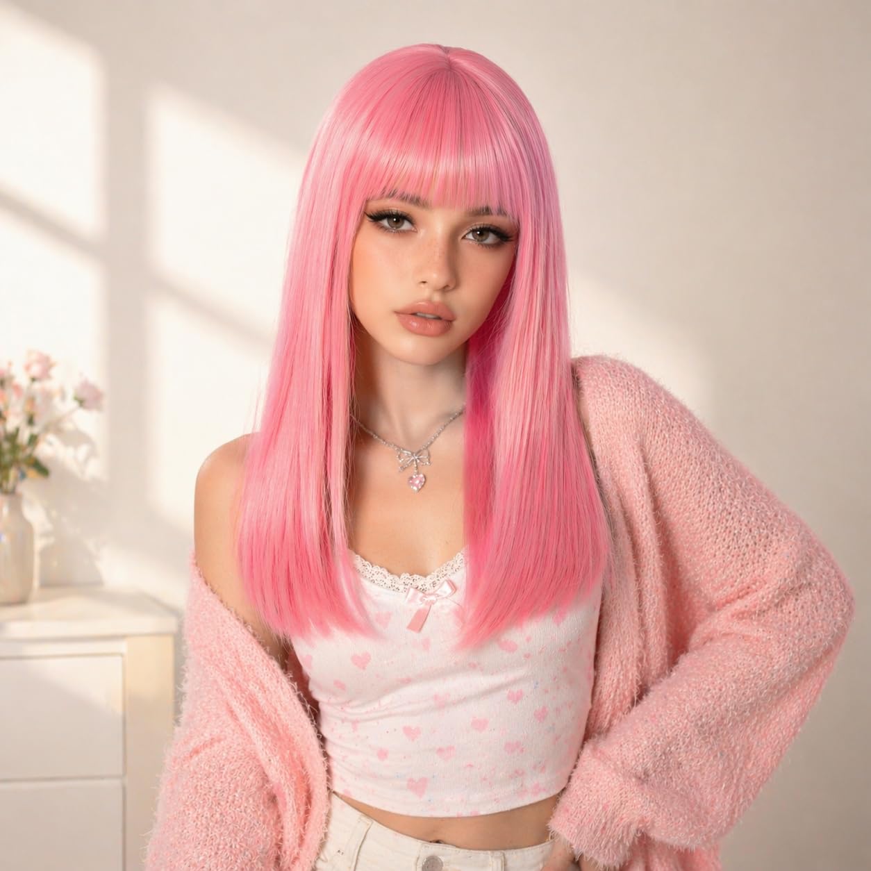 XCHJH Bob Wig with Bangs Short Straight Wigs for Women Shoulder Length Bob Wigs Heat Resistant Fiber Synthetic Hair Natural Looking Hair Replacement Wigs
