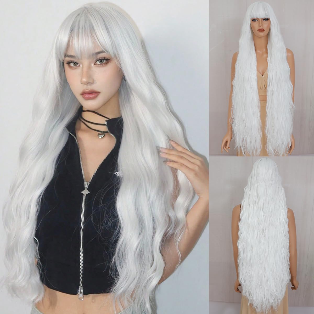 XC CLOUDS Long Wavy Wig with Bangs for Women,Wig Long Bangs Wig,Natural Looking Synthetic Heat Resistant Hair