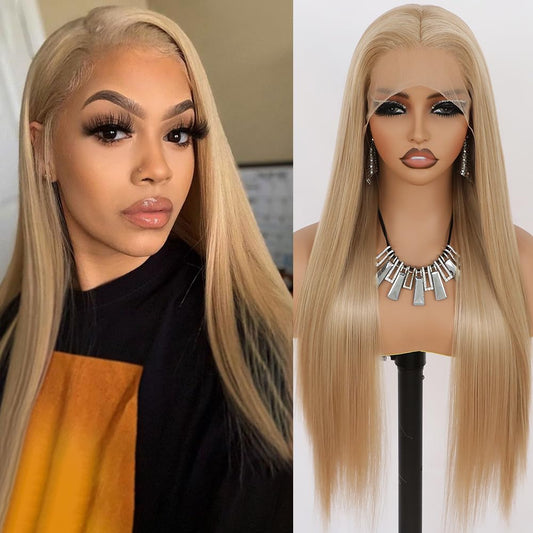 Long Straight Blonde Lace Front Wig Pre Plucked Hairline Glueless Hair Golden Synthetic Lace Front Wig for Women