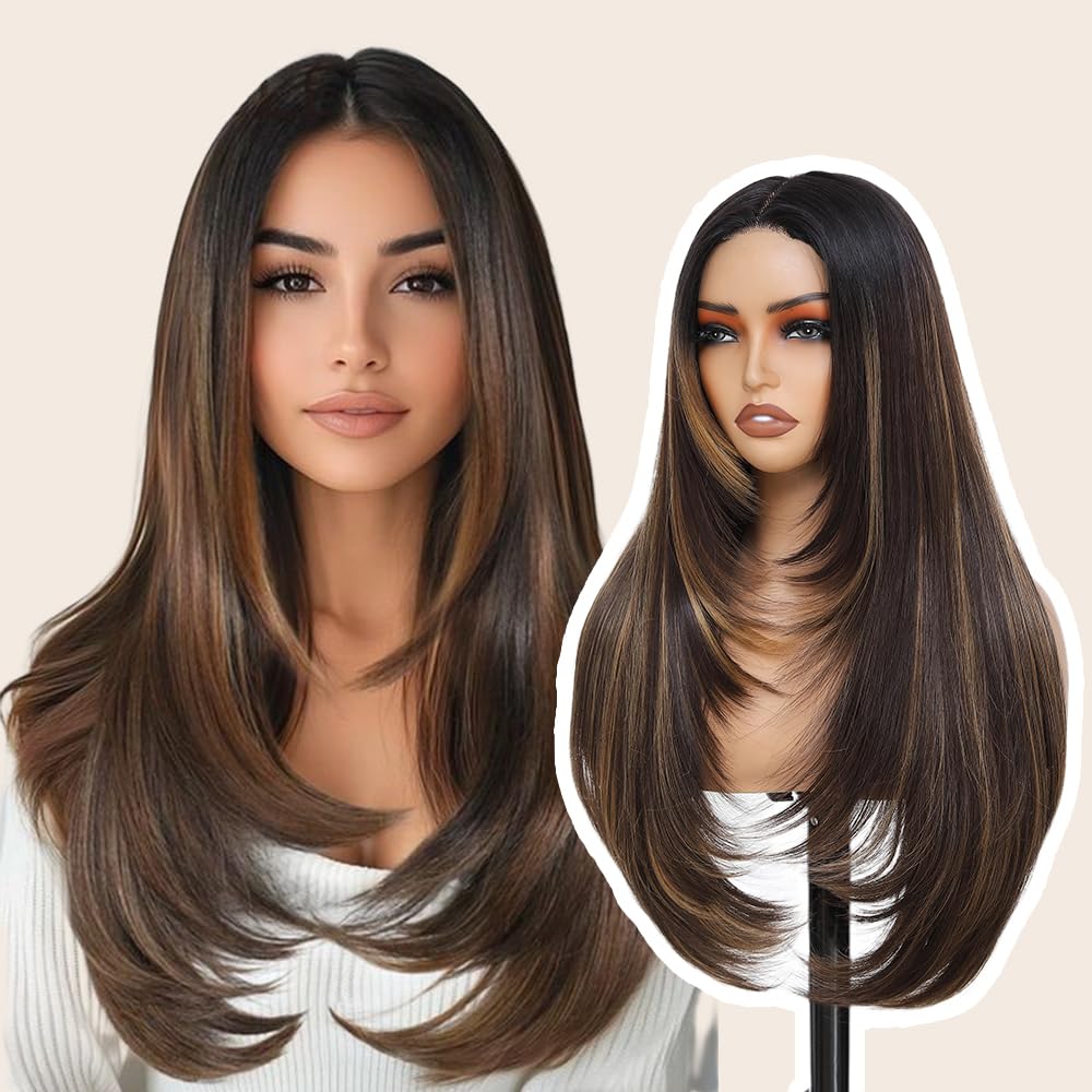 Synthetic Lace Front Wig for Women 4x1 Lace Front wigs Long Straight Layered Wigs for Black Women Wear and Go Glueless Wigs Pre Plucked Pre Cut for Beginners