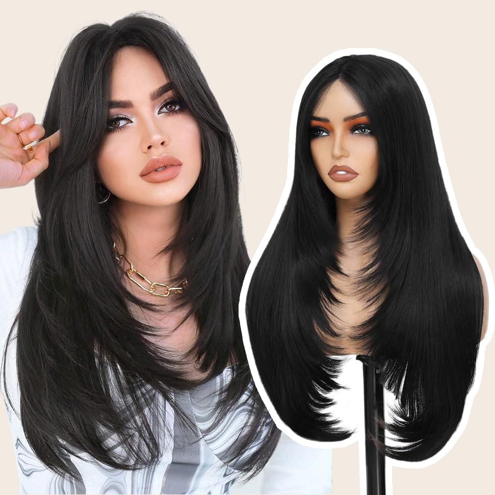 Synthetic Lace Front Wig for Women 4x1 Lace Front wigs Long Straight Layered Wigs for Black Women Wear and Go Glueless Wigs Pre Plucked Pre Cut for Beginners