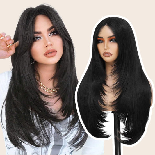 Synthetic Lace Front Wig for Women 4x1 Lace Front wigs Long Straight Layered Wigs for Black Women Wear and Go Glueless Wigs Pre Plucked Pre Cut for Beginners