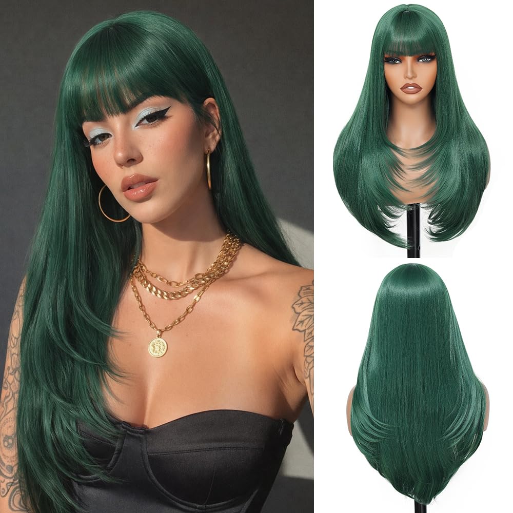 YKHJH Long Straight Wigs for Women,28 inch Glueless Synthetic Wig with Bangs,Layered Synthetic Womens Wigs for Daily Party Cosplay (Brown)