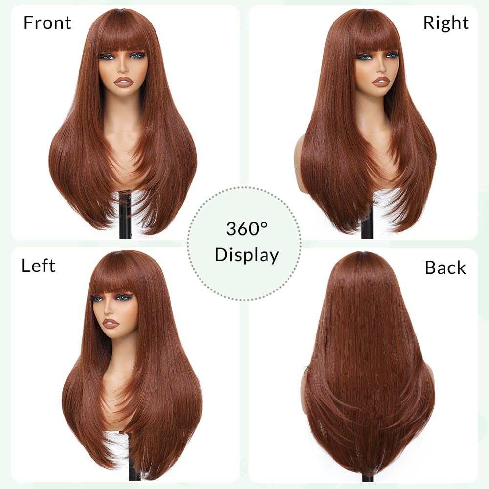 YKHJH Long Straight Wigs for Women,28 inch Glueless Synthetic Wig with Bangs,Layered Synthetic Womens Wigs for Daily Party Cosplay (Brown)