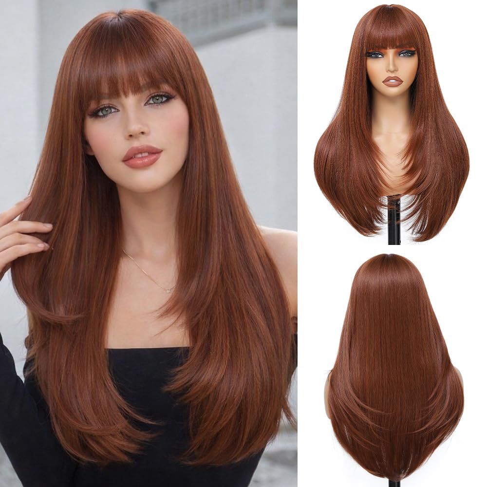 YKHJH Long Straight Wigs for Women,28 inch Glueless Synthetic Wig with Bangs,Layered Synthetic Womens Wigs for Daily Party Cosplay (Brown)