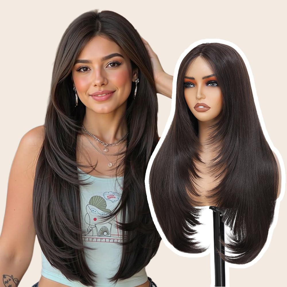 Synthetic Lace Front Wig for Women 4x1 Lace Front wigs Long Straight Layered Wigs for Black Women Wear and Go Glueless Wigs Pre Plucked Pre Cut for Beginners
