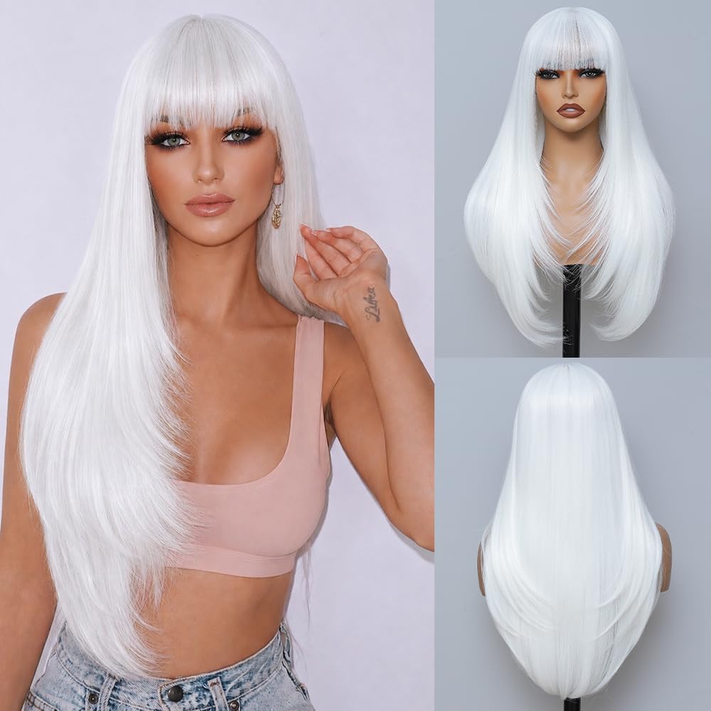 YKHJH Long Straight Wigs for Women,28 inch Glueless Synthetic Wig with Bangs,Layered Synthetic Womens Wigs for Daily Party Cosplay (Brown)