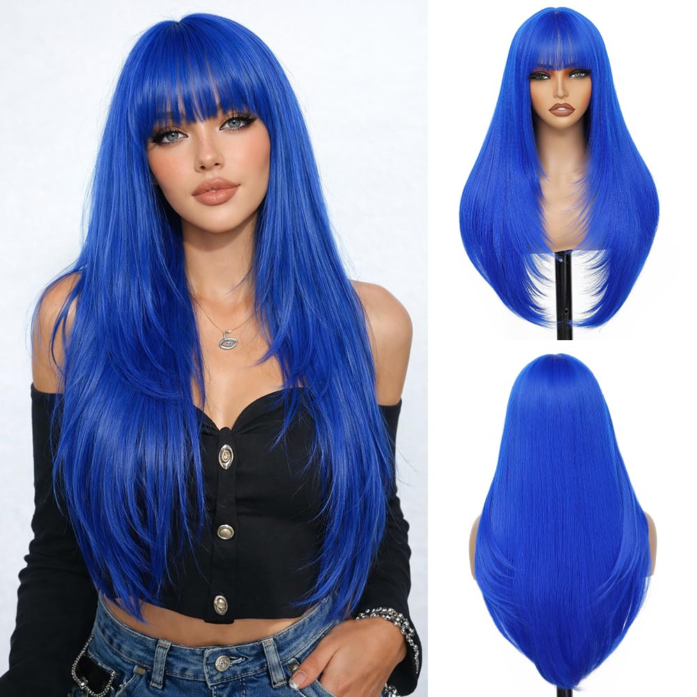 YKHJH Long Straight Wigs for Women,28 inch Glueless Synthetic Wig with Bangs,Layered Synthetic Womens Wigs for Daily Party Cosplay (Brown)