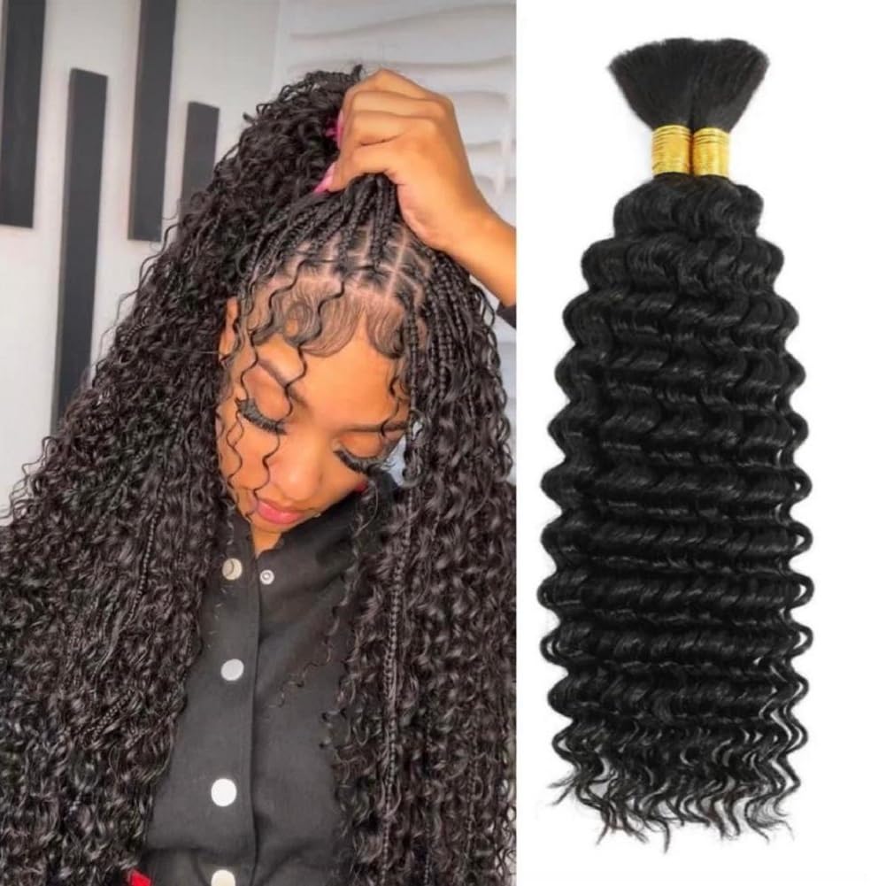 100 Percent Human Boho Braiding Hair Deep Wave Bulk Boho Hair for Braiding Curly Bundles Human Hair for Boho Braids Wet and Wavy Braiding Hair Extension No Weft