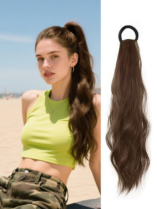 Curly Ponytail Extension with Elastic Tie 17 Inch Resistant Synthetic Natural Wavy Hairpiece Pony Tail Hair Extensions Wave Fake Ponytail Hairpieces for Women Daily Wear（Light-Brown-1pcs）