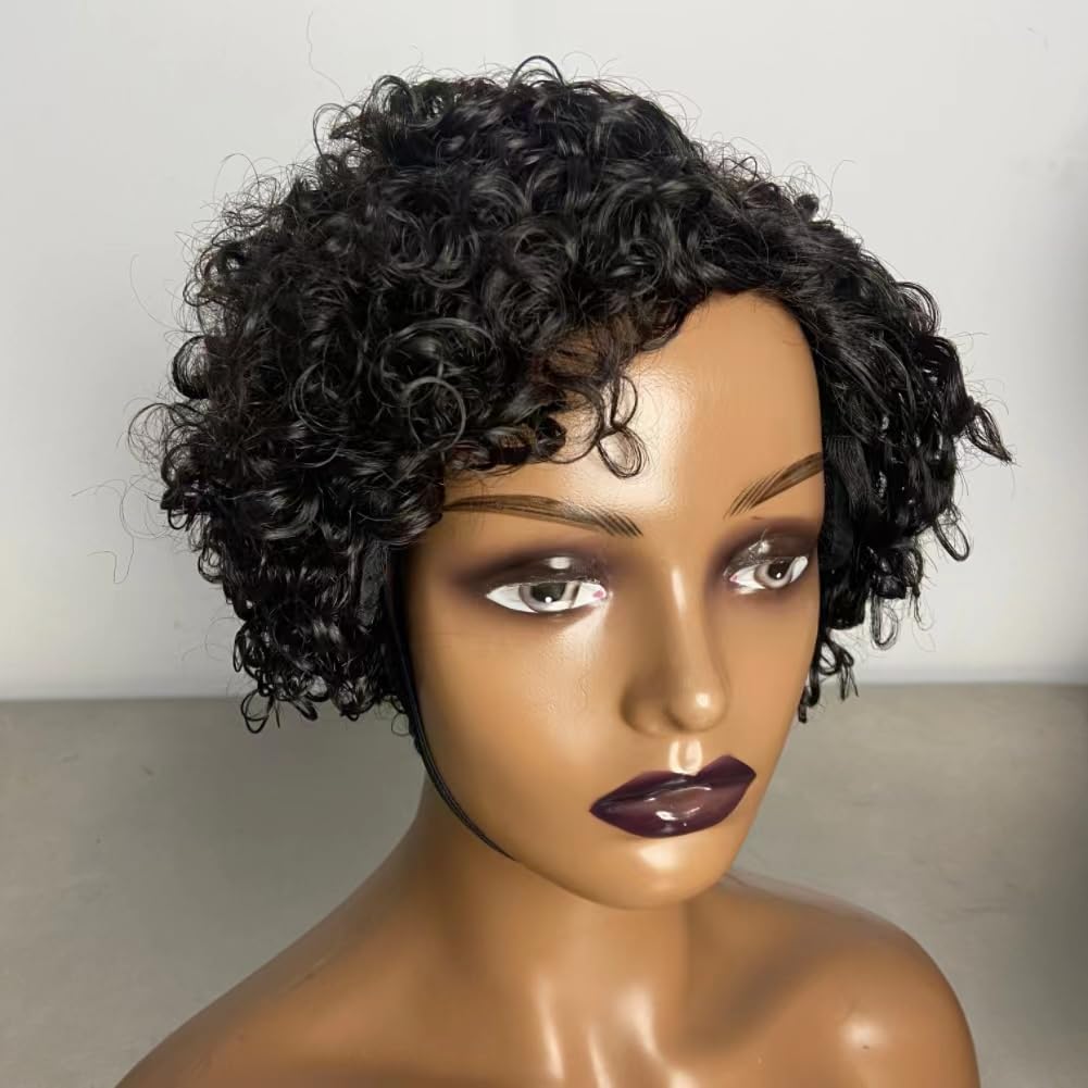 Short Curly Human Hair Wigs for Black Women, Side Part Wig, Pixie Cut Brazilian Remy Human Hair, Deep Curly None Lace Front Ombre Blonde Wigs