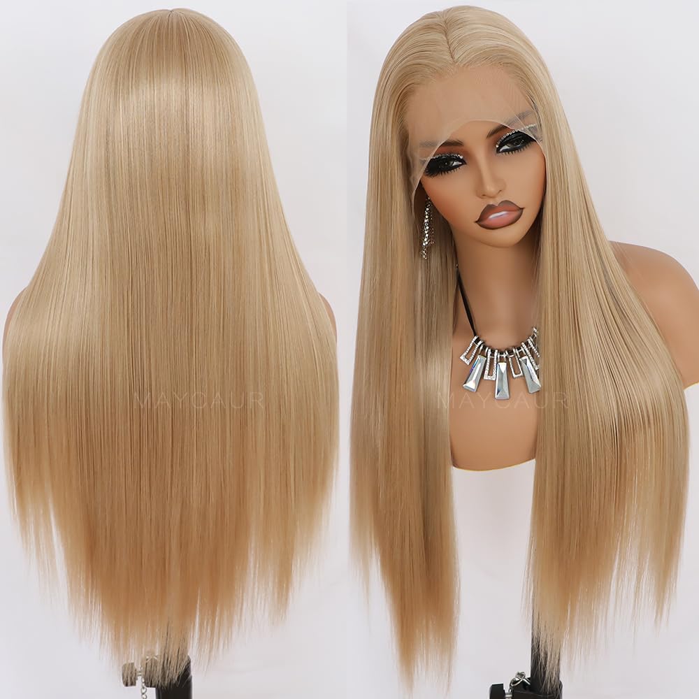 Long Straight Blonde Lace Front Wig Pre Plucked Hairline Glueless Hair Golden Synthetic Lace Front Wig for Women