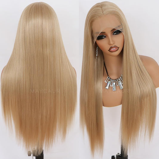 Long Straight Blonde Lace Front Wig Pre Plucked Hairline Glueless Hair Golden Synthetic Lace Front Wig for Women