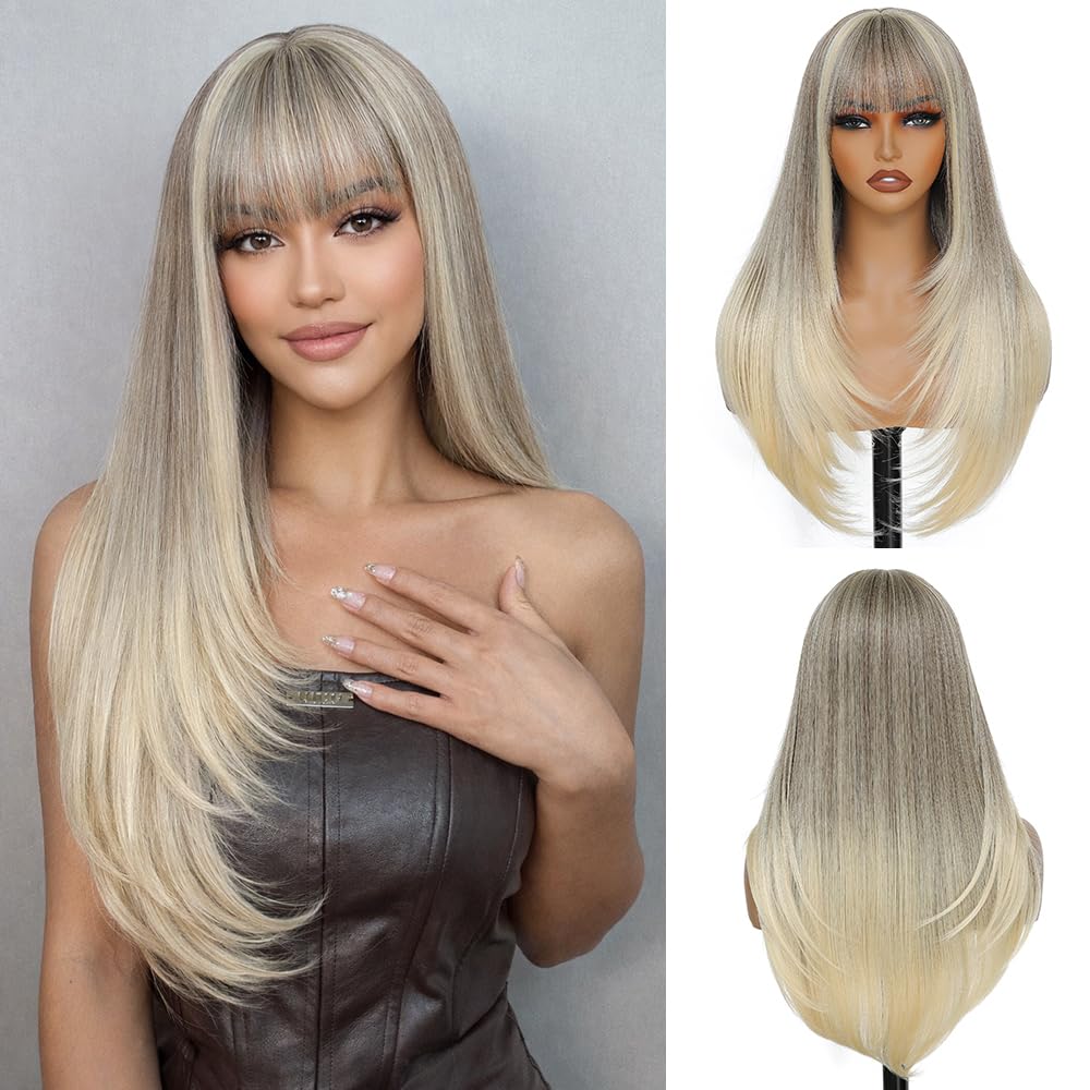 YKHJH Long Straight Wigs for Women,28 inch Glueless Synthetic Wig with Bangs,Layered Synthetic Womens Wigs for Daily Party Cosplay (Brown)