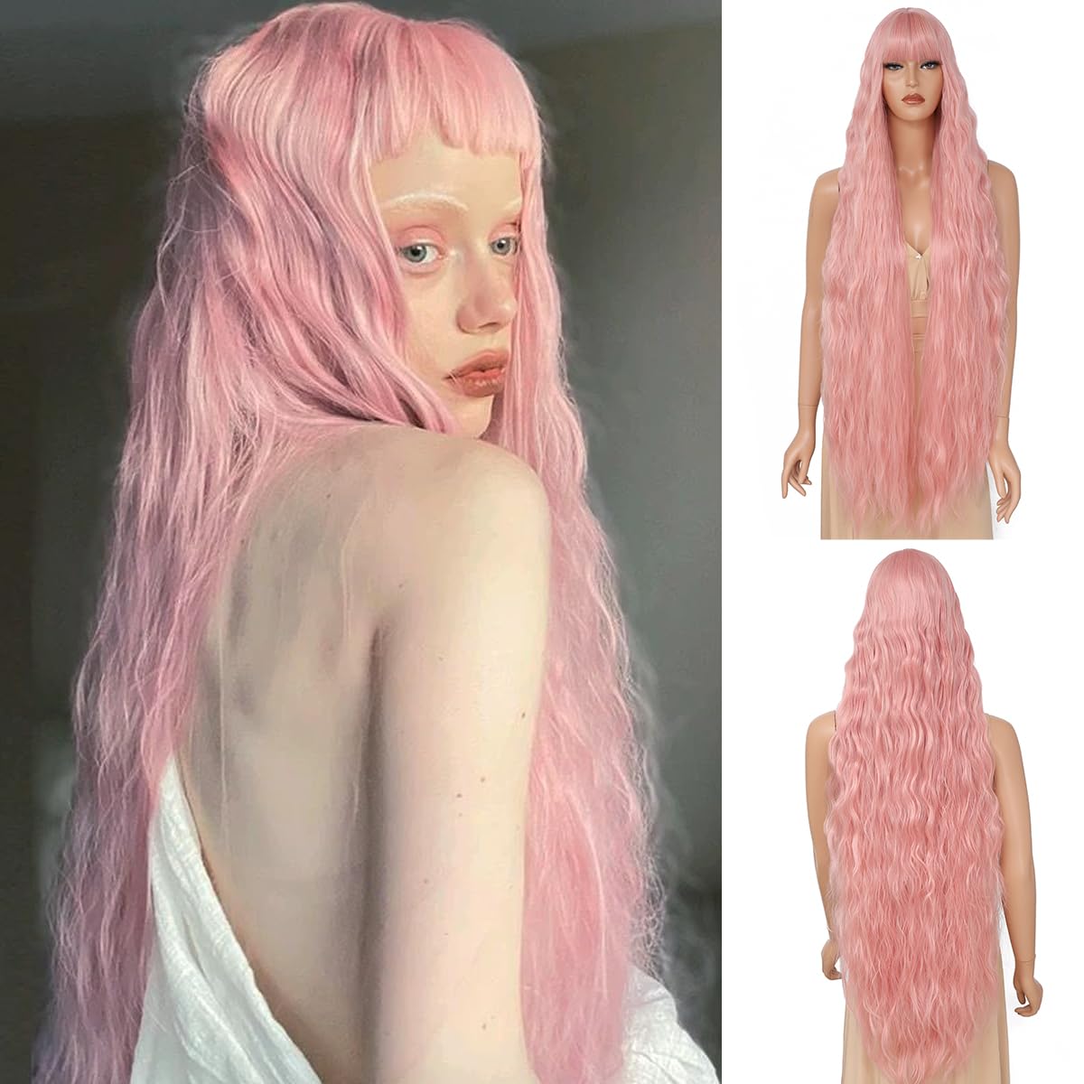XC CLOUDS Long Wavy Wig with Bangs for Women,Wig Long Bangs Wig,Natural Looking Synthetic Heat Resistant Hair