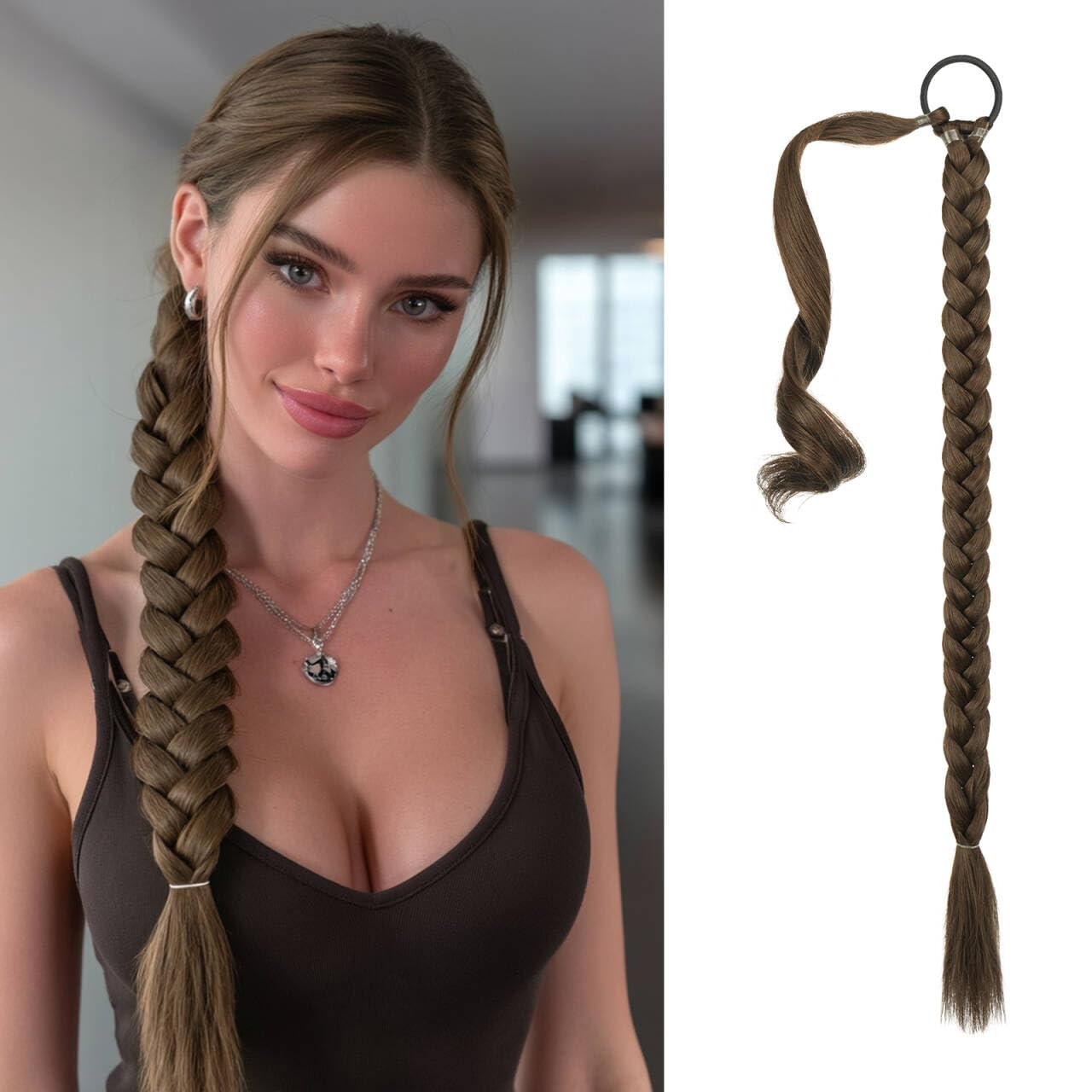 Long Braid Ponytail Extension with Hair Tie Straight Sleek Wrap Around Hair Extensions Synthetic Hair Piece Braid Pony Tail Fluffy Natural Soft Hairpieces for Women Daily Wear