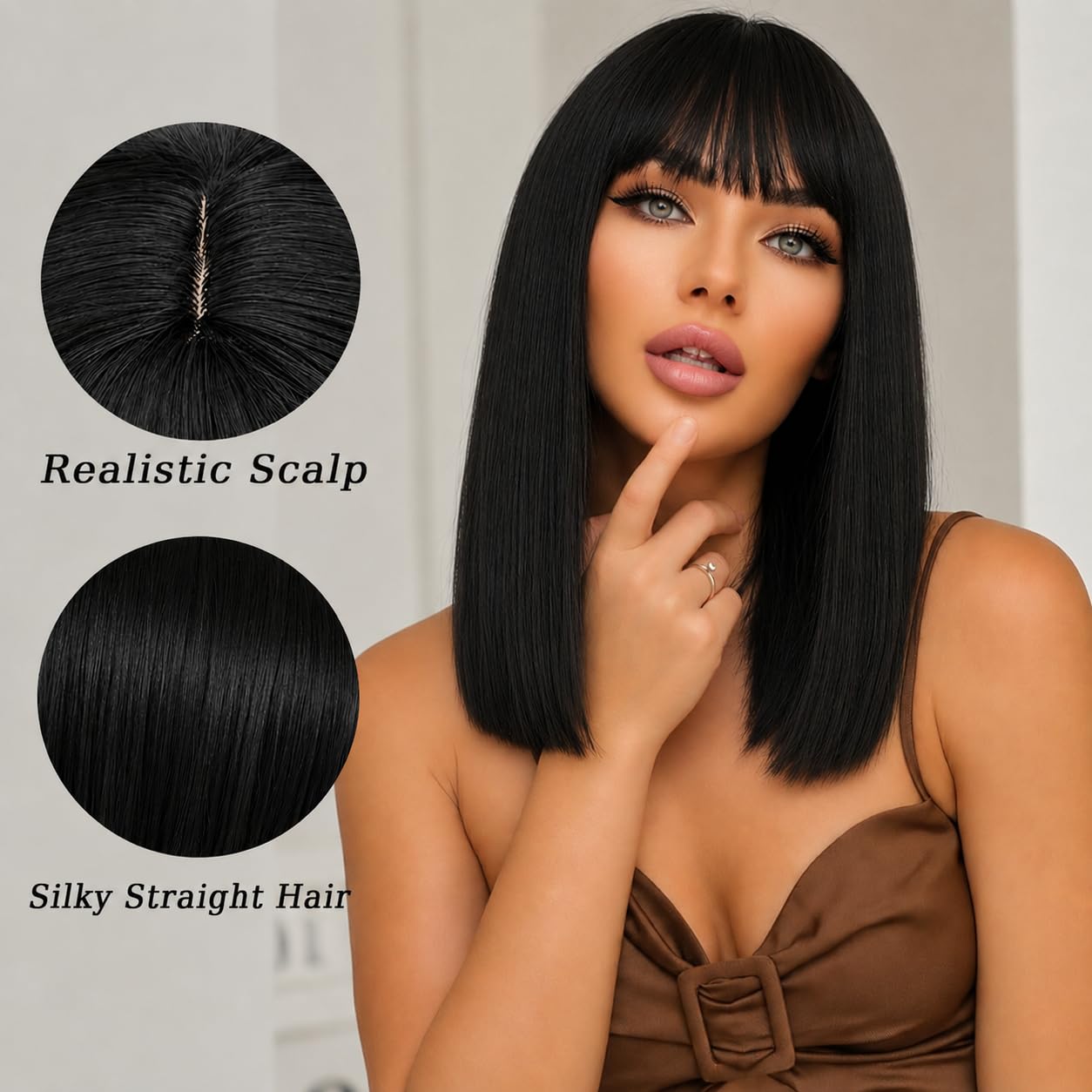 XCHJH Bob Wig with Bangs Short Straight Wigs for Women Shoulder Length Bob Wigs Heat Resistant Fiber Synthetic Hair Natural Looking Hair Replacement Wigs