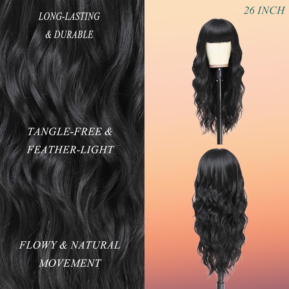 Short Wavy Wig with Bangs for Women Curly Wavy Wig Synthetic Hair Replacement Wigs for Daily Use