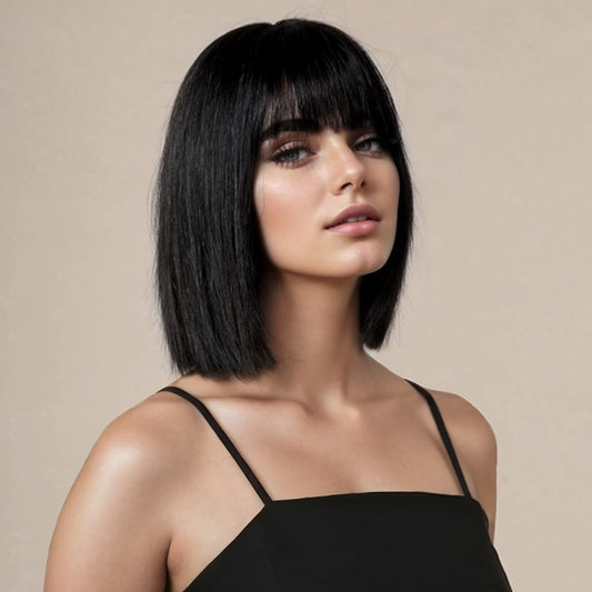 Short Bob Wig for Women Straight Wig with Bangs Shoulder Length Heat Resistant Fiber Synthetic Hair Wigs