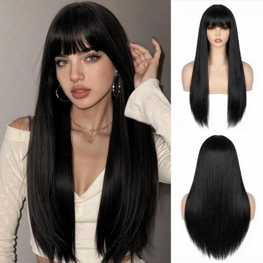 Long Straight Wig for Women,with Bangs Heat Resistant Synthetic Womens Hair Wigs for Cosplay Party Halloween