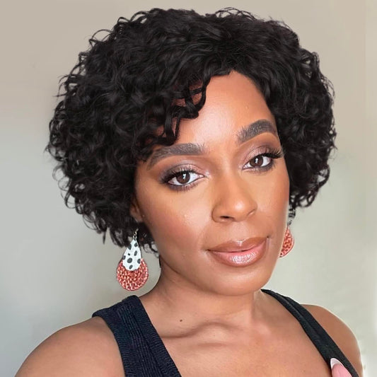 Short Curly Human Hair Wigs for Black Women, Side Part Wig, Pixie Cut Brazilian Remy Human Hair, Deep Curly None Lace Front Ombre Blonde Wigs