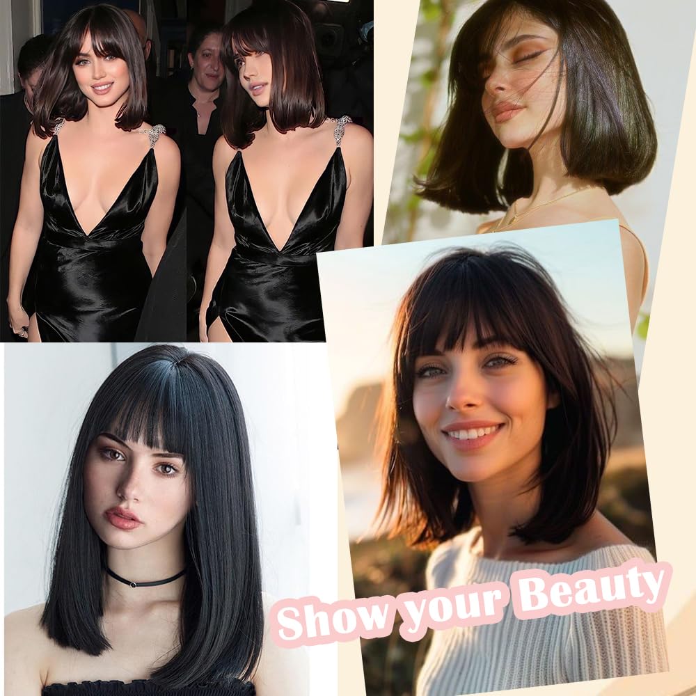 XCHJH Bob Wig with Bangs Short Straight Wigs for Women Shoulder Length Bob Wigs Heat Resistant Fiber Synthetic Hair Natural Looking Hair Replacement Wigs