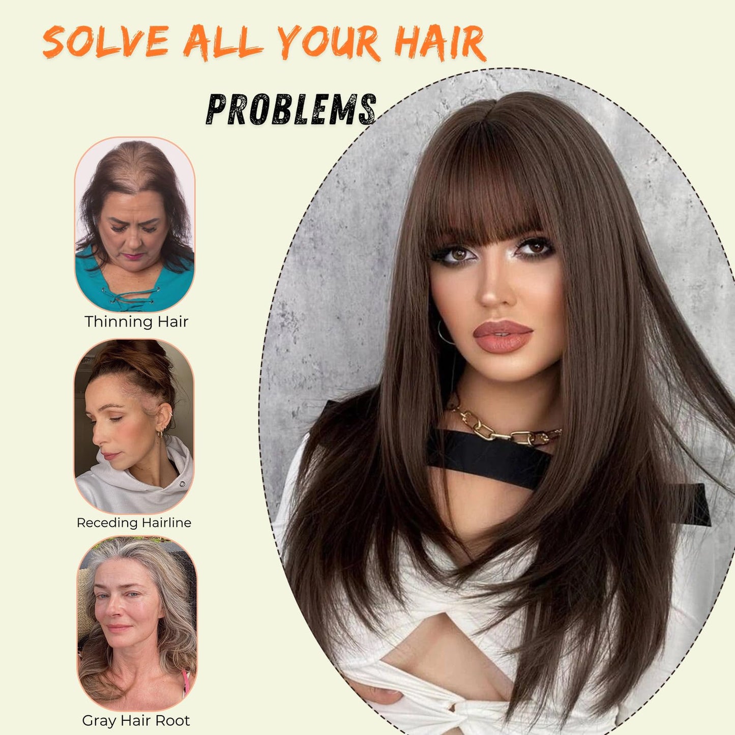 Hair Topper,360° 3D Hair Toppers for Women with Thinning,7"X 8" Large Base 22 Inch Long Layered Synthetic Wig with Bangs for Daily Use