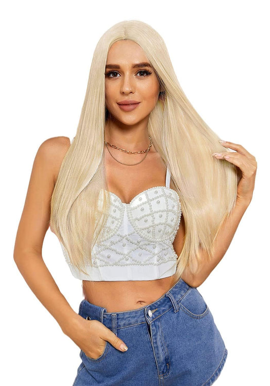 blonde Wigs Straight with Flat Bangs Synthetic Colorful Cosplay long Wig for Women + Free Wig Cap 14" Natural As Real