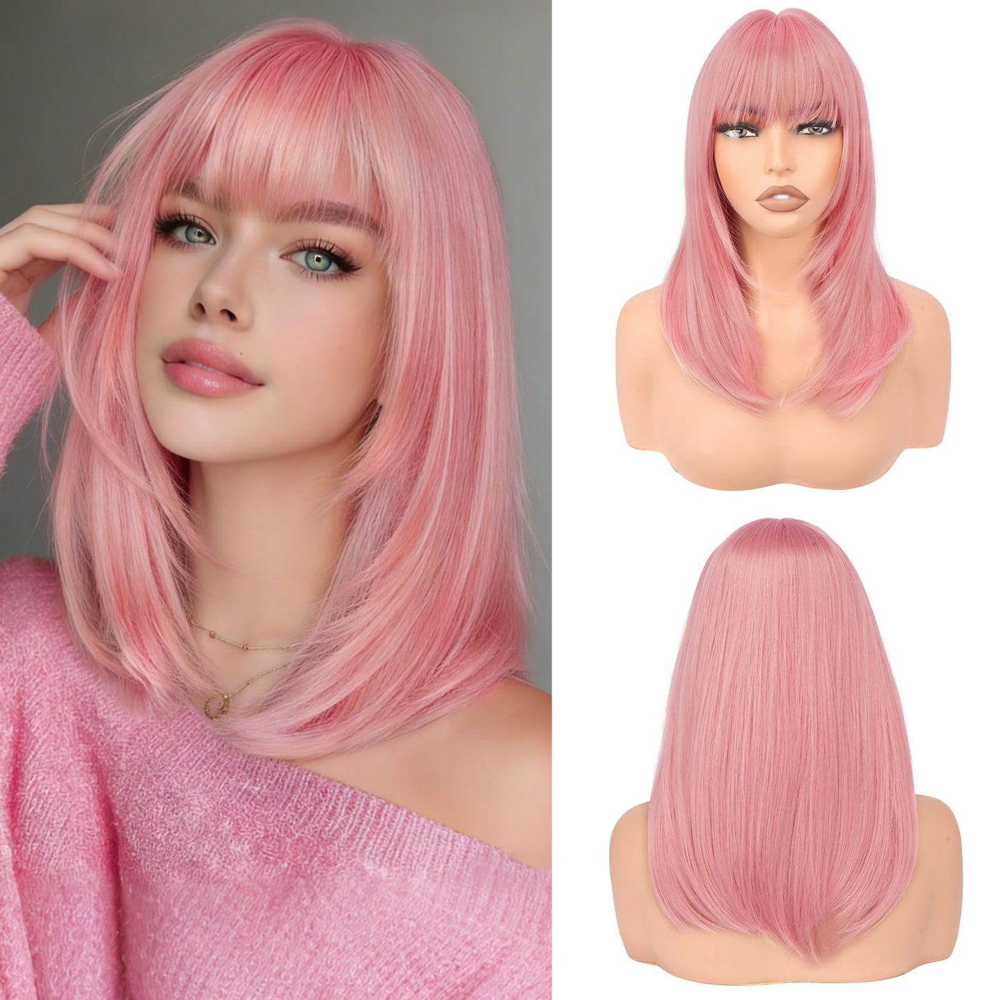 Bob Wigs with Bangs Shoulder Length Straight Natural Looking Synthetic Heat Resistant Medium Hair Wigs for Women Daily Party, 16 Inch