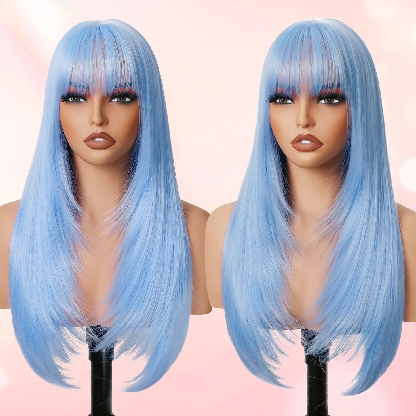 Long Straight Layered Wig with Bangs for Women