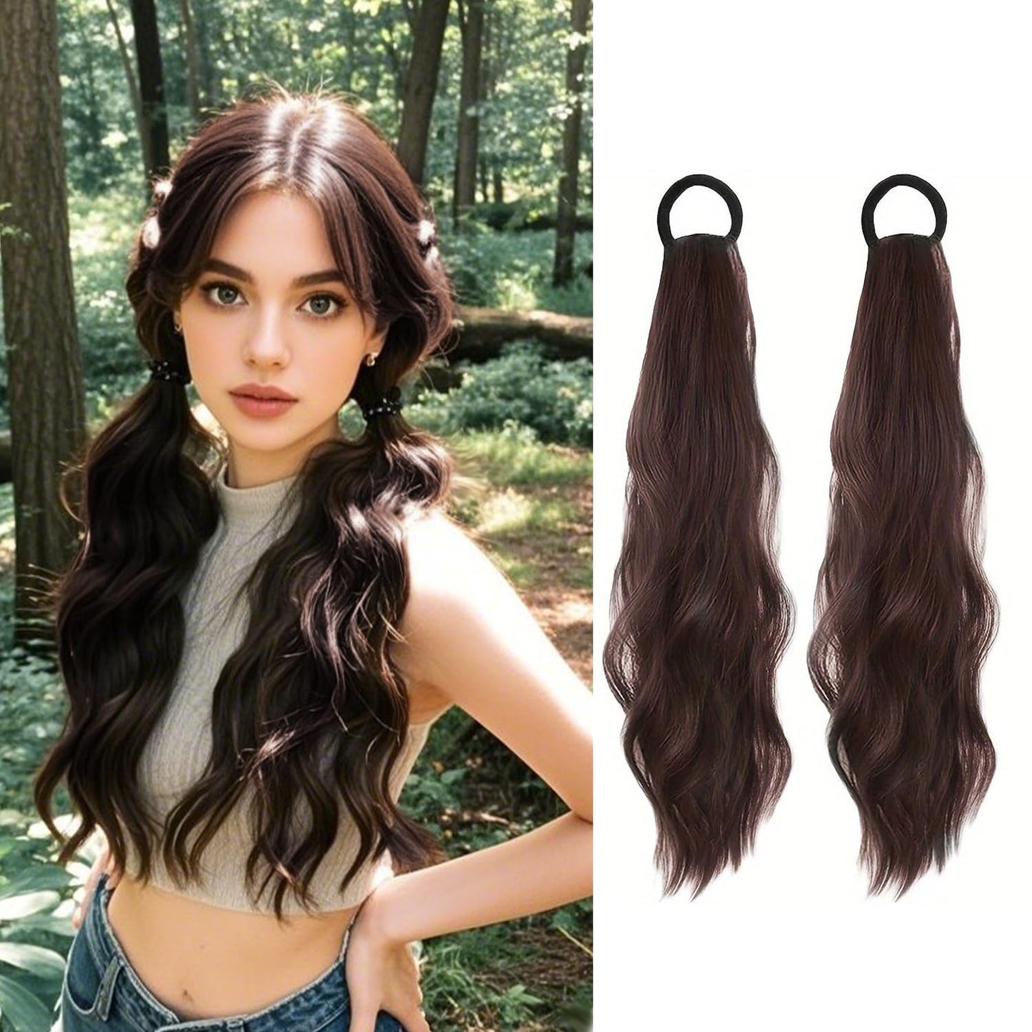 2PCS Curly Ponytail Extension with Hair Tie Hair Natural Wig Elastic Band Wave Fake Ponytail Wigs Accessories for Women Daily 17 Inch