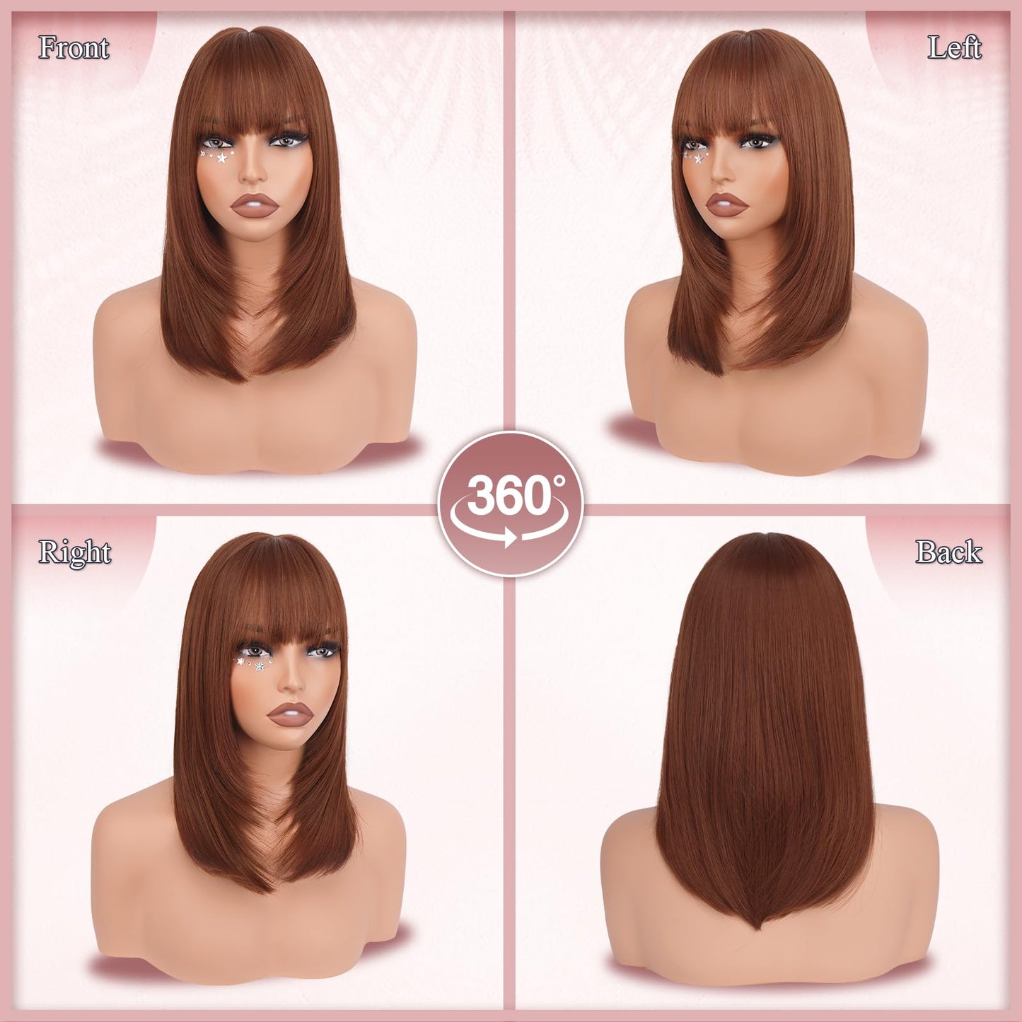 Bob Wigs with Bangs Shoulder Length Straight Natural Looking Synthetic Heat Resistant Medium Hair Wigs for Women Daily Party, 16 Inch