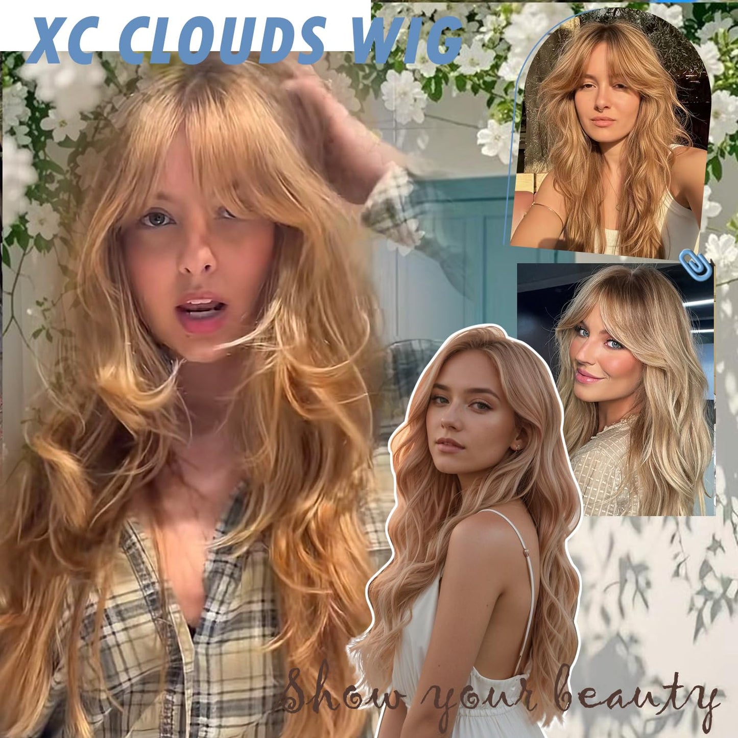 XC CLOUDS Synthetic 28 inch body wave wigs with curtain Bangs, 4 * 2 hand Tied Forehead Simulated Lace Scalp,Natural Wavy Synthetic Heat Resistant hair middle part wigs,Daily Cosplay Friendly