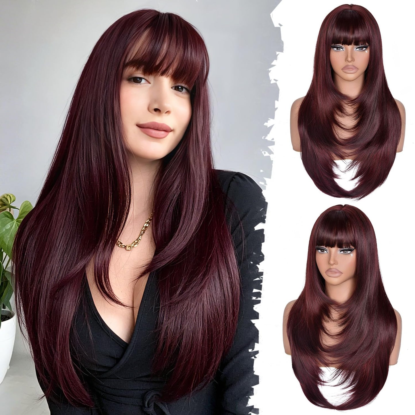 Long Layered Wig with Bangs for Women Synthetic Heat Resistant Realistic Scalp Free Parting Bang Wigs for Daily and Party Use