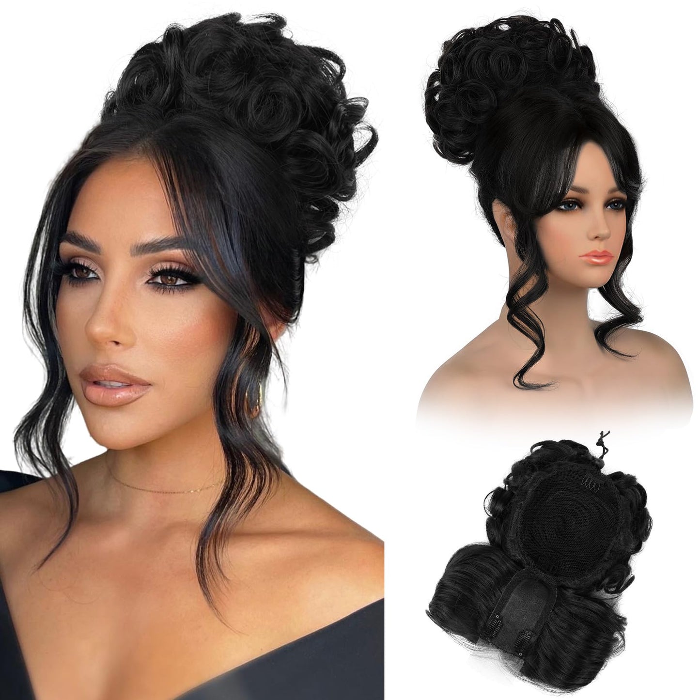 Bun Hair Piece with Bangs - 2-in-1 Hair Bun Hairpieces Curly Updo Wig & Hair Topper with Long Side Bangs Natural-Looking Drawstring Ponytail Extension for Women