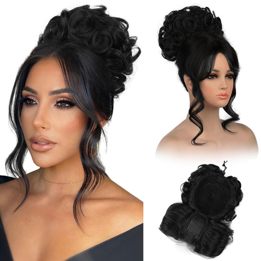 Bun Hair Piece with Bangs - 2-in-1 Hair Bun Hairpieces Curly Updo Wig & Hair Topper with Long Side Bangs Natural-Looking Drawstring Ponytail Extension for Women