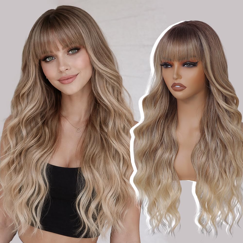 Short Wavy Wig with Bangs for Women Curly Wavy Wig Synthetic Hair Replacement Wigs for Daily Use