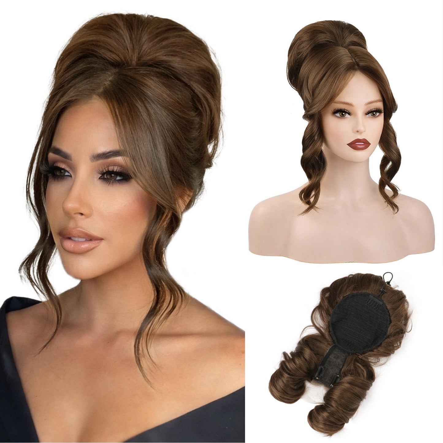 2-in-1 Messy Bun with Bangs Drawstring Ponytail Extension, Curly Updo Wig & Hair Topper with Lace Side Bangs, Lightweight Natural-Looking Hair Bun Hairpiece for Women